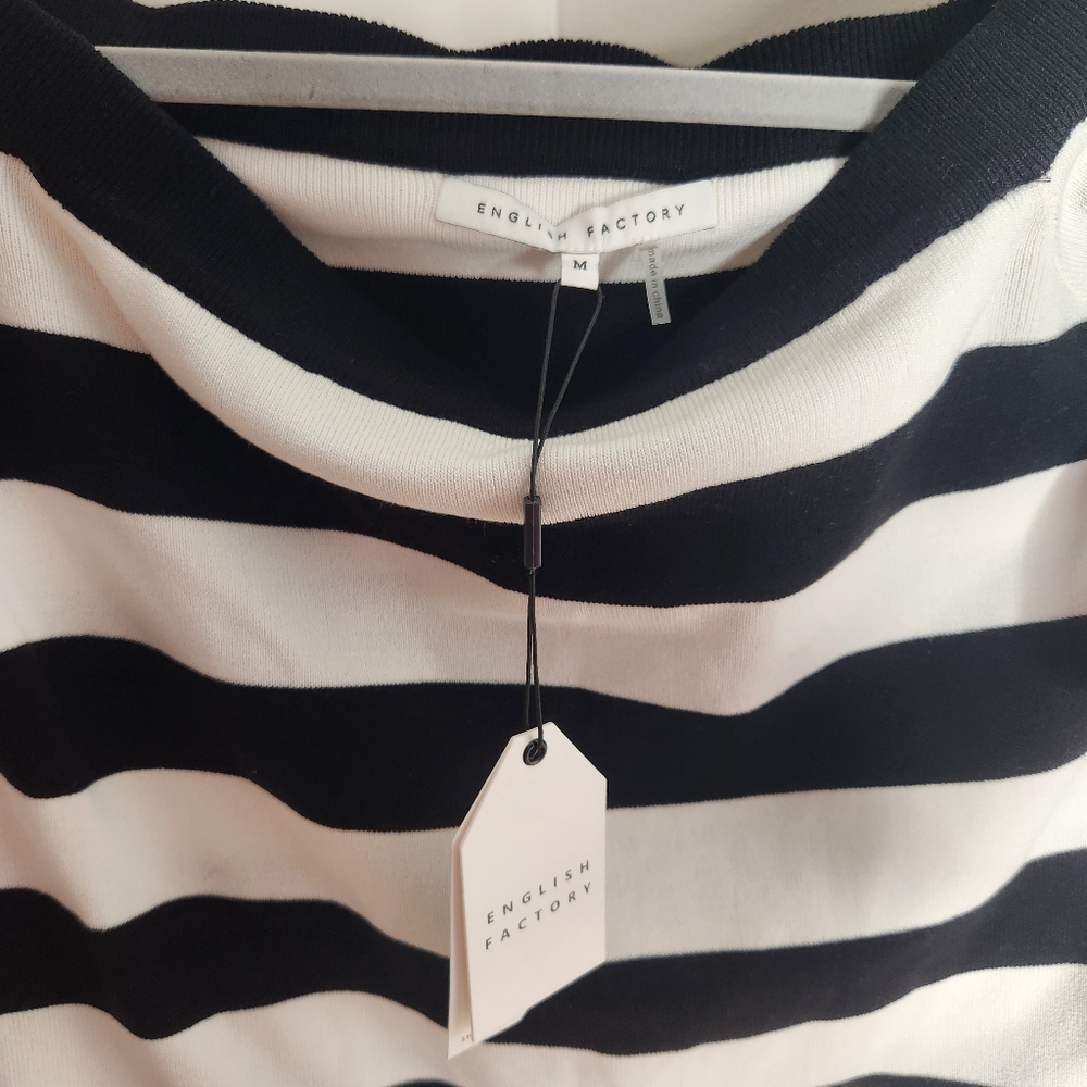 English Factory Top NWT women Medium black white stripe lace sleeve off shoulder - Picture 3 of 6